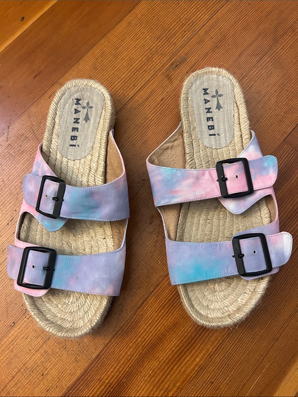 Manebi Women's Pastel Tie-Dye Double Buckle Slide Sandals - Pink/Blue 39 size 9